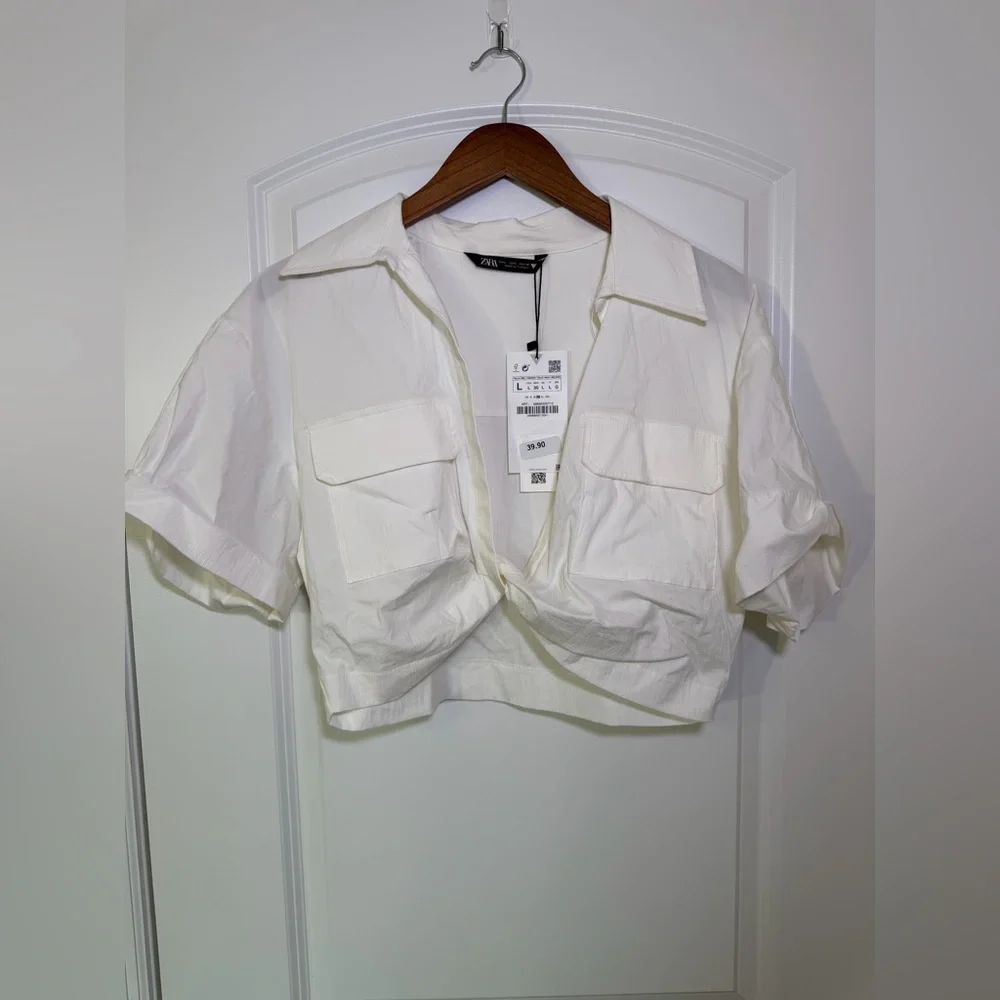 Zara Boxy Twist Hem White Collared Cropped Shirt - Picture 3 of 17